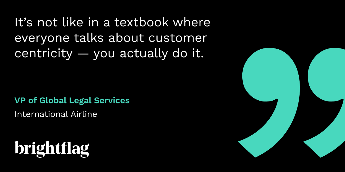 Large teal quotation marks with a quote from a VP of Global Legal Services about the value Brightflag places on customers.