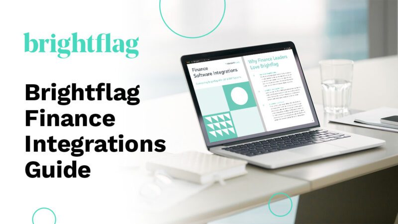 Photo of a laptop on a desk, viewing Brightflag's Finance Integrations guide, with the Brightflag logo in the upper left corner.