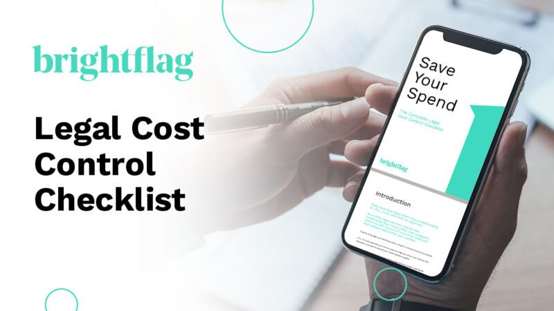 A photo of a person reading Brightflag's Legal Cost Control Checklist on their phone, with the Brightflag logo at the top.