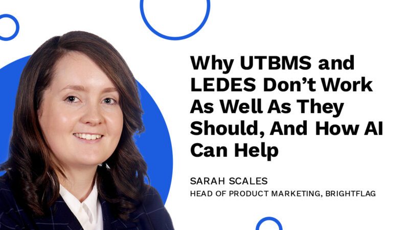 Sarah Scales, Head of Product Marketing at Brightflag, smiling in business attire in front of a blue circular background, with the text 