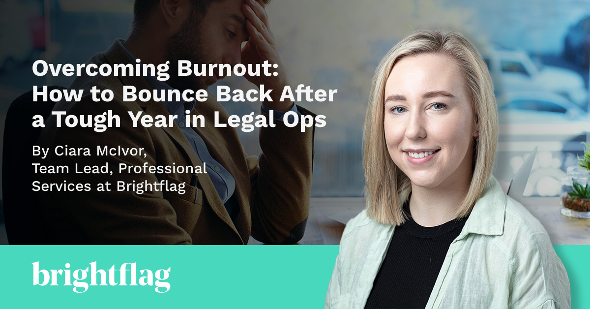 Ciara McIvor of Brightflag beside the Brightflag logo, and in front of a stock image of a person rubbing their forehead