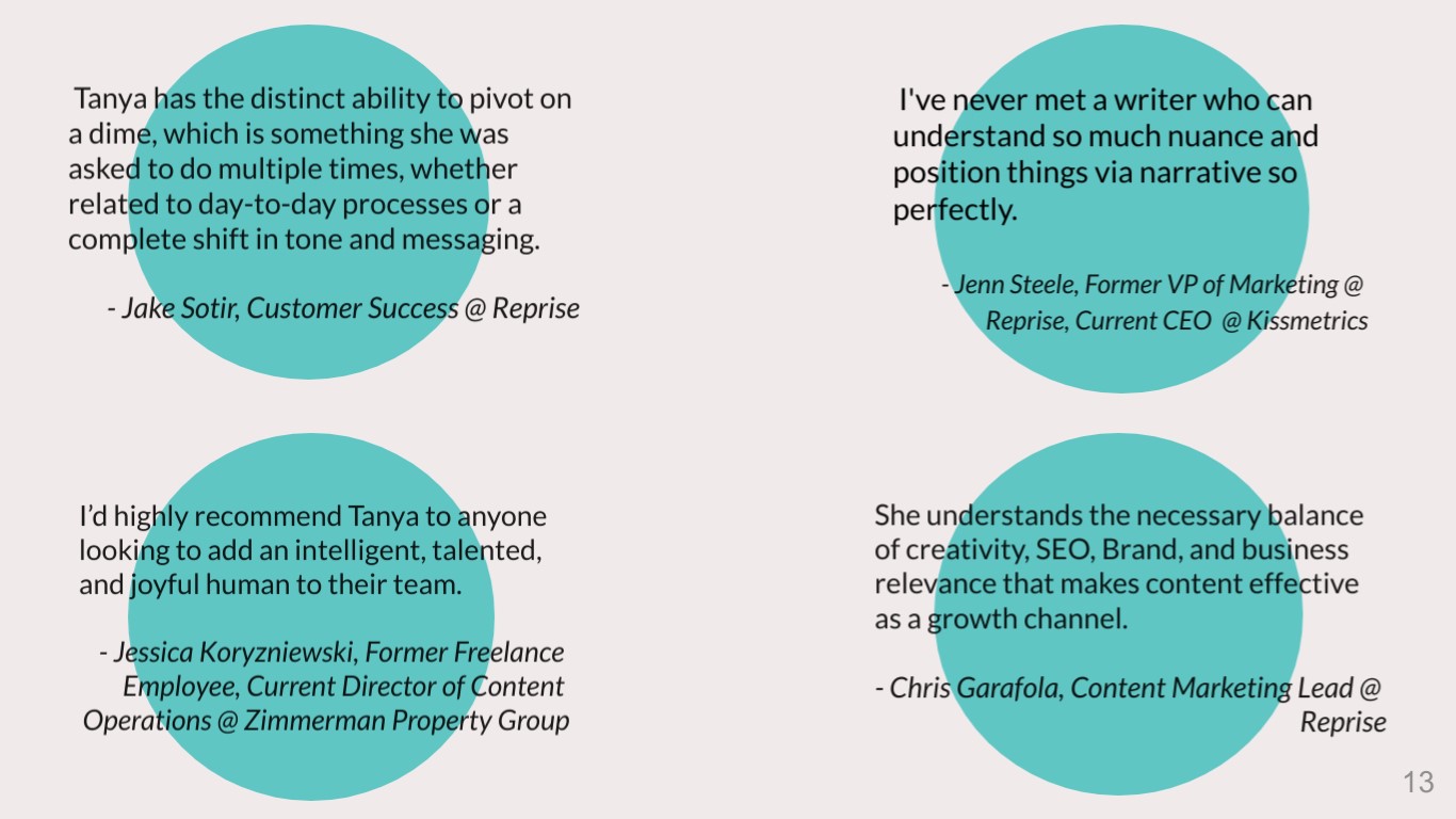 Example text showing recommendations and feedback that Tanya Svoboda leveraged in her job search.