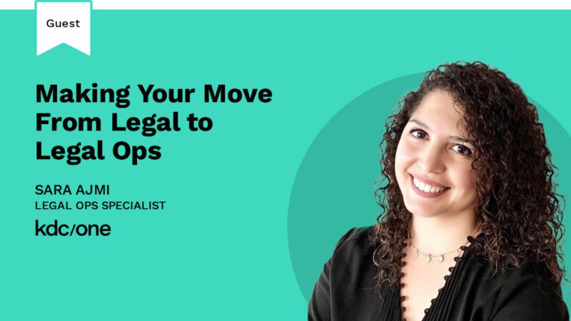 Sara Ajmi, Legal Ops Specialist at KDC/One, smiling in a black blouse in front of a blue background, with the text 