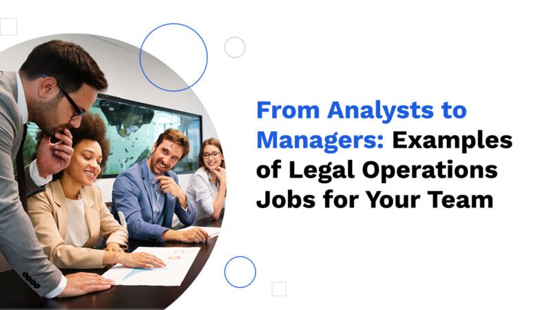 White background with a circular photo showing business people consulting a document around a conference table, with the text