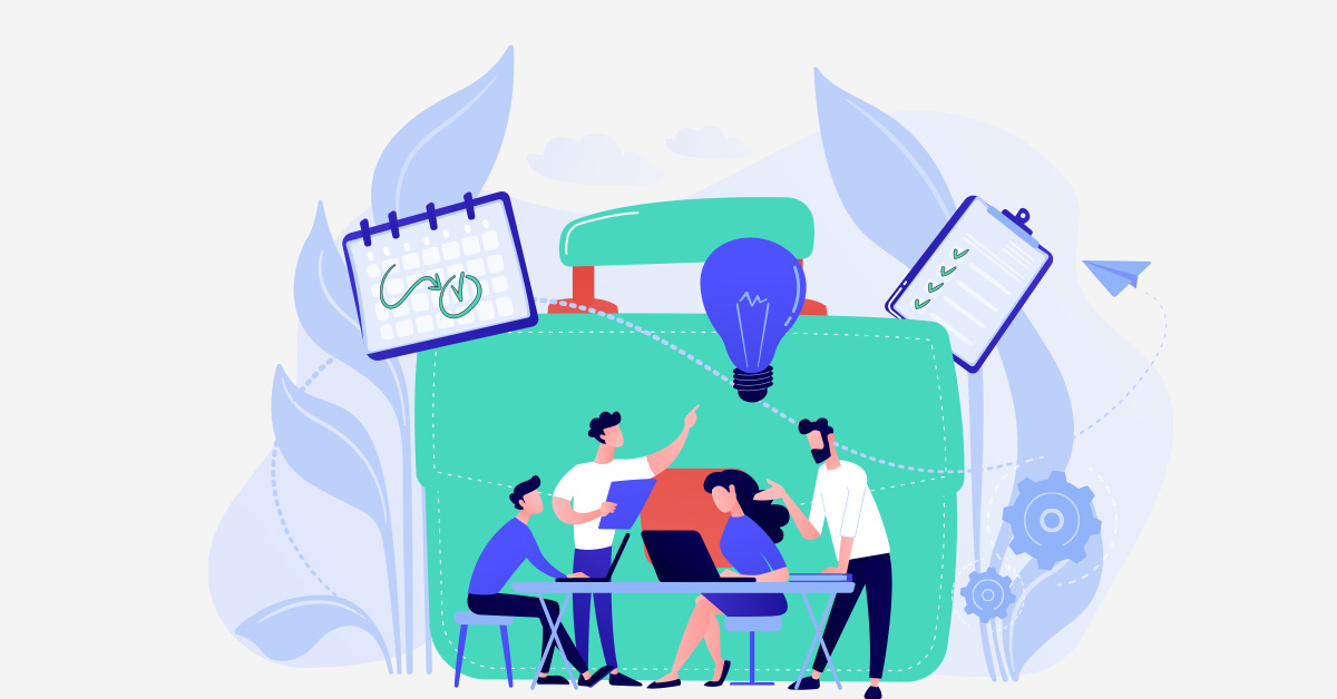 Illustrated image of business people huddled around a table with a laptop on it, with illustrations of lightbulbs and clipboards floating around their heads, for Brightflag's 
