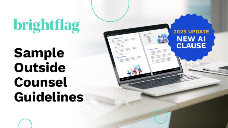 Open laptop on a table, with the Outside Counsel Guidelines document on the screen. To the left is the Brightflag logo and the title 