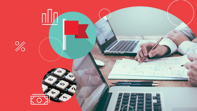 A red background with circular images inside, including an illustration of a red flag, and a photo of people's hands near a laptop computer. For the Brightflag blog 