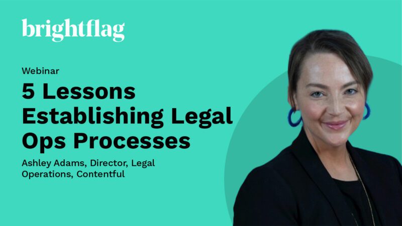 Ashley Adams, Director of Legal Operations at Contentful, smiling in a black suit jacket, in front of the Brightflag logo and the webinar title 