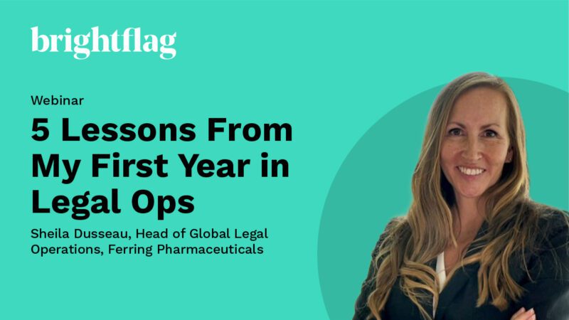 Sheila Dusseau, Head of Global Legal Operations at Ferring Pharmaceuticals, in business attire with arms crossed, smiling in front of the Brightflag logo and the article title 