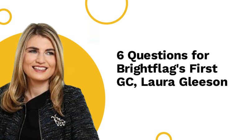 Laura Gleeson, Brightflag's first General Counsel, smiling in business attire and looking off-camera, with yellow circles on a white backdrop and the text 