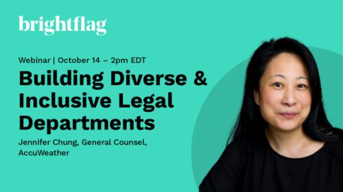 Jennifer Chung, General Counsel at AccuWeather, smiling in a black shirt, on a blue background, beside the Brightflag logo and the webinar title, 