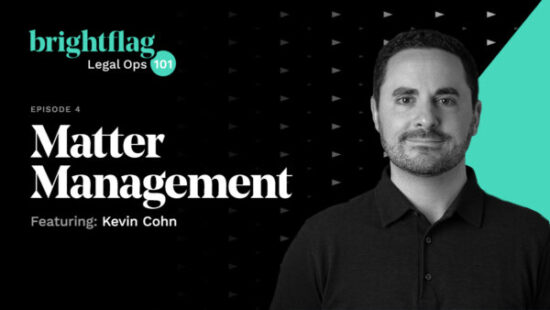 Brightflag Chief Growth Officer Kevin Cohn in front of a black background with the Legal Ops 101 log and 