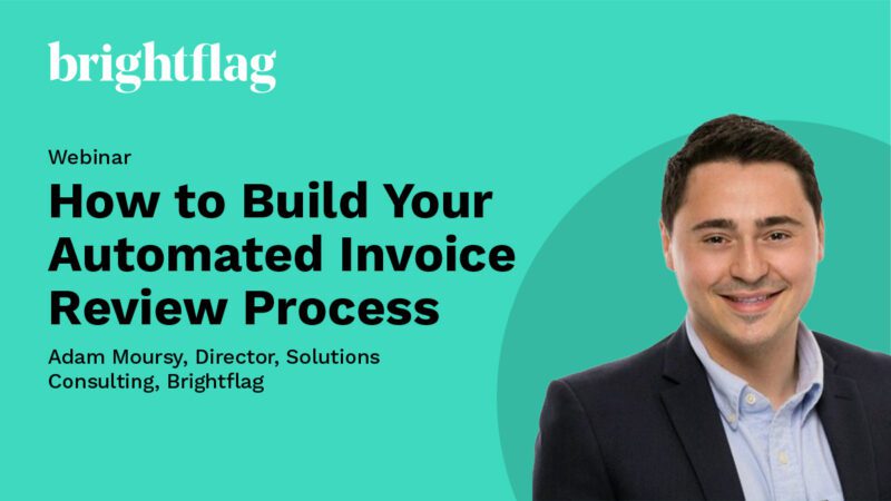 Adam Moursy, Director of Solutions Consulting at Brightflag, smiling in a suit on a blue background, next to the webinar title, 