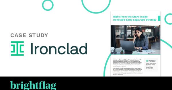 Ironclad's logo on a white background, with a small case study document to the right, and the Brightflag logo along the bottom on a black background.