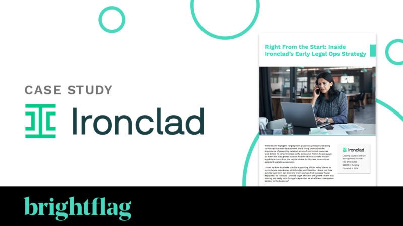Ironclad's logo on a white background, with a small case study document to the right, and the Brightflag logo along the bottom on a black background.