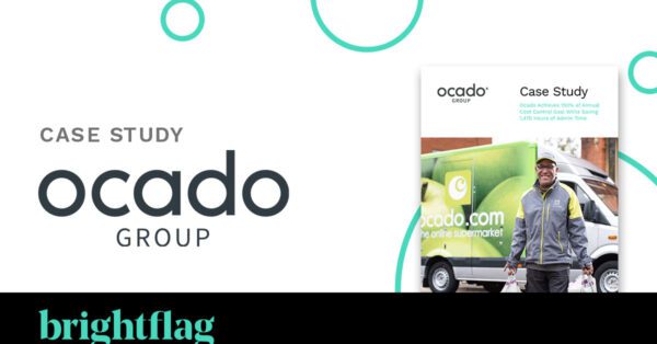 Ocado Group's logo, with a small version of the case study to the right, and Brightflag's logo at the bottom on a black background.