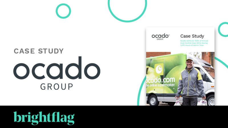 Ocado Group's logo, with a small version of the case study to the right, and Brightflag's logo at the bottom on a black background.