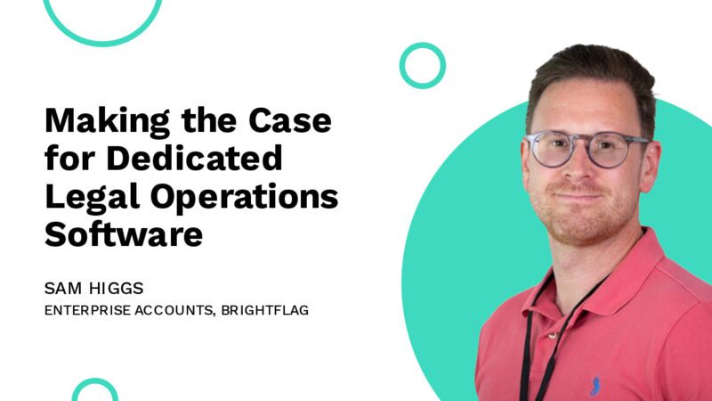 Sam Higgs, Enterprise Accounts at Brightflag, smiling in a pink polo on a white background with teal circles, next to the blog title 