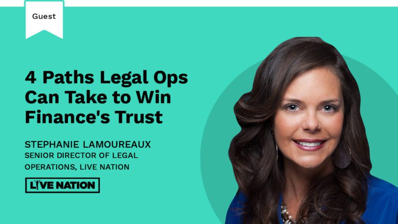 Live Nation's Senior Director of Legal Operations, Stephanie Lamoureaux, smiling in a blue shirt on a teal background, with the Brightflag blog title 