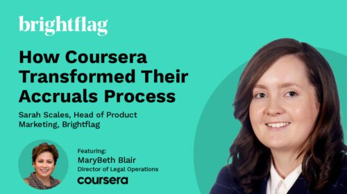 Sarah Scales, Brightflag's Head of Product Marketing, smiling in business attire on a teal backdrop, with MaryBeth Blair's headshot to the right, below the blog title 