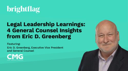 General Counsel of Cox Media Group, Eric Dodson Greenberg, smiling in a jacket and dress shirt, in front of a teal background with the white Brightflag logo at the top and the blog title