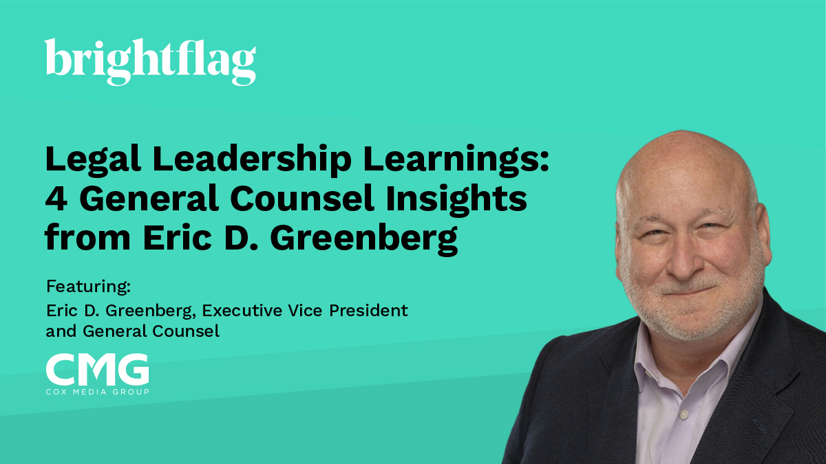 General Counsel of Cox Media Group, Eric Dodson Greenberg, smiling in a jacket and dress shirt, in front of a teal background with the white Brightflag logo at the top and the blog title 