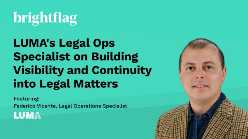 Headshot of Federico Vicente, Legal Operations Specialist at LUMA Energy, smiling in a checkered brown blazer, below the Brightflag logo on a teal background.