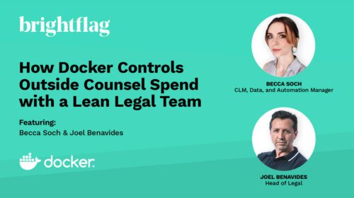 Headshots of Docker's Becca Soch (CLM, Data, and Automation Manager) and Joel Benavides (Head of Legal) on a teal background, next to the Brightflag and Docker logos, and the blog title 