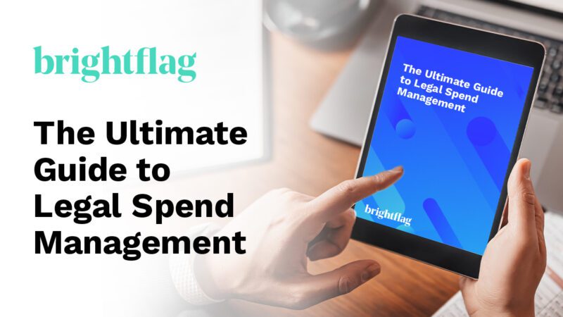 Brightflag's logo on a white background to the left of a person holding a tablet and viewing 