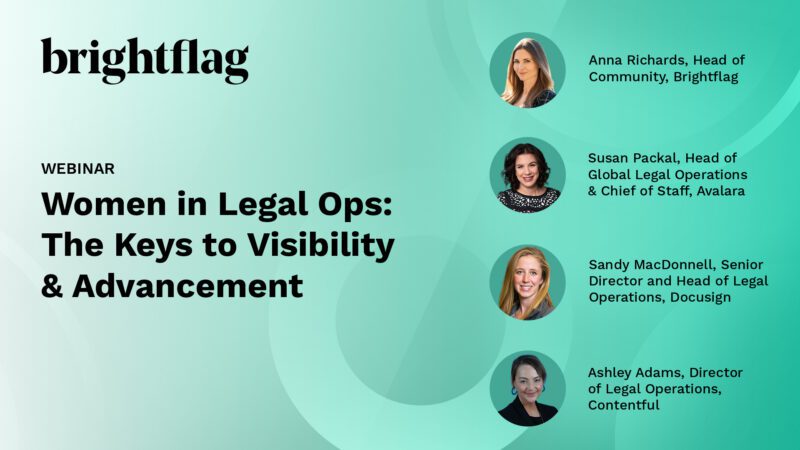 Teal background with geometric shapes and Brightflag's logo in black in the upper left. On the right are the photos of Anna Richards, Susan Packal, Sandy MacDonnell, and Ashley Adams in circular photos arranged in a line, to the right of the webinar title, 