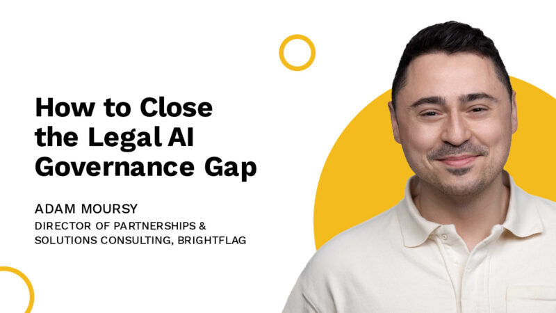 Brightflag's Director of Partnerships & Solutions Consulting, Adam Moursy, smiling in a white shirt in front of a yellow and white background, next to the text 